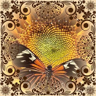 Florals Digital Art - Floral Framed Brown Butterfly by Catherine Lott