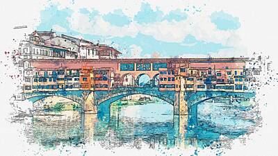 Road And Street Signs - Florence or Firenze, a view of the Arno River and the Ponte Vecchio Bridge, watercolor by Adam Asar by Celestial Images