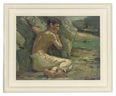 Athletes Paintings - Follower of Henry Scott Tuke, Swimmer resting by Celestial Images