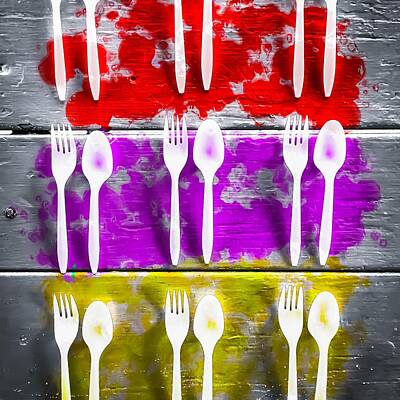 Religious Paintings - Fork And Spoon With Splash Painting Texture Abstract Background In Pink Red Yellow by Tim LA