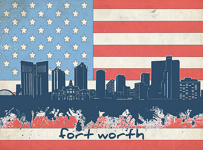 Best Sellers - Abstract Skyline Digital Art - Fort Worth Skyline Usa Flag by Bekim M