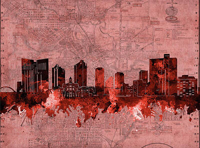 Abstract Skyline Digital Art - Fort Worth Skyline Vintage Red by Bekim M