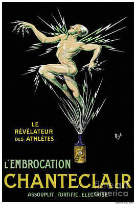 Recently Sold - Athletes Drawings - France Vintage Advertising Poster LEmbrocation Chanteclair 1920 by Vintage Treasure