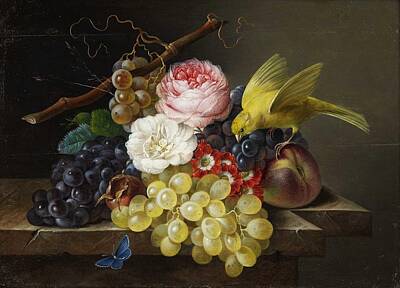 Roses Paintings - FRANZ XAVER PETTER Austria, Lichtental 1791-1866 Wien, Attributed Still Life With Fruits, Roses, Can by Celestial Images