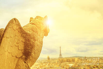 Paris Skyline Photos - gargoyle statue of Notre Dame by Benny Marty