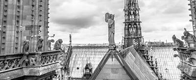 Paris Skyline Photos - gargoyle statues of Notre Dame panorama by Benny Marty