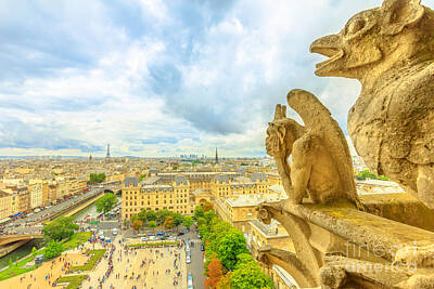 Paris Skyline Photos - gargoyles of Notre Dame cathedral by Benny Marty
