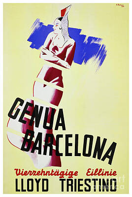 Cities Drawings - Genoa Barcelona Spain Vintage Travel Poster Restored by Vintage Treasure