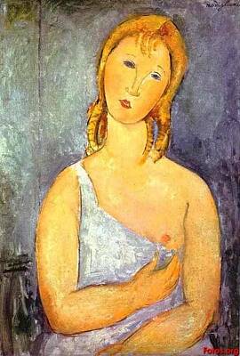 Frog Photography Rights Managed Images - Girl in a White Chemise - 1918 - Private collection - Painting - oil on canvas Royalty-Free Image by Modigliani Amedeo