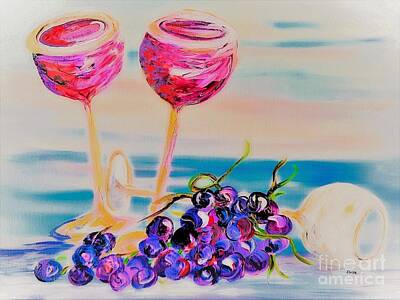 Wine Paintings - Glasses and Grapes Dreamy Style by Eloise Schneider Mote
