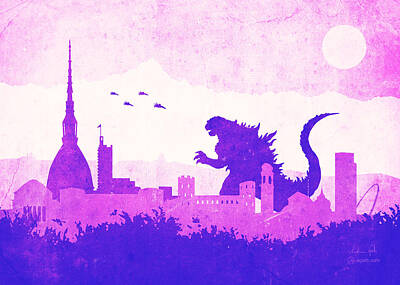 Recently Sold - City Scenes Digital Art - Godzilla Turin purple by Andrea Gatti