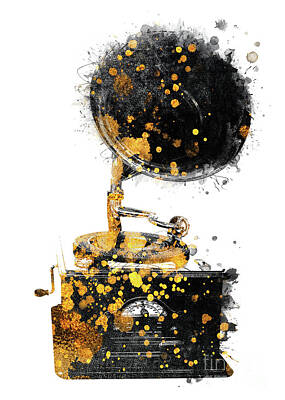 Jazz Digital Art - Gramophone music art gold and black by Justyna Jaszke JBJart