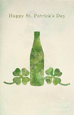 Beer Photos - Green beer bottle and four-leaf clovers in watercolor painting. by Michal Bednarek