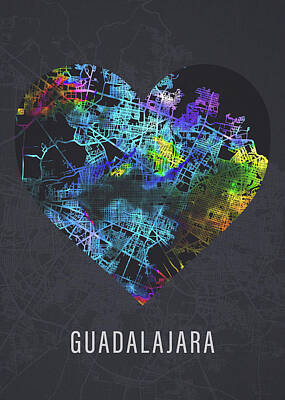 Comedian Drawings Royalty Free Images - Guadalajara Mexico City Heart Street Map Love Dark Mode Royalty-Free Image by Design Turnpike