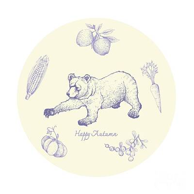 Food And Beverage Drawings - Hand Drawn of Grizzly Bear with Autumn Fruits and Vegetables by Iam Nee