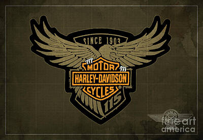 Transportation Digital Art - Harley Davidson Old Vintage Logo Fuel Tank Motorcycle Brown Background by Drawspots Illustrations