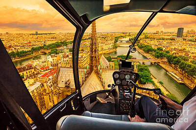 Paris Skyline Photos - Helicopter on Notre Dame at sunset by Benny Marty