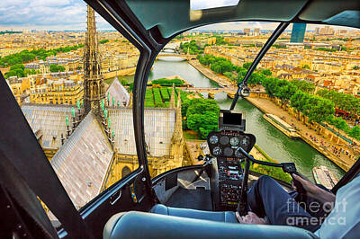 Paris Skyline Photos - Helicopter on Notre Dame church roof by Benny Marty