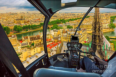 Paris Skyline Photos - Helicopter on Notre Dame skyline by Benny Marty