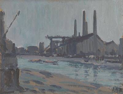 Travel Pics Paintings - Hercules Brabazon Brabazon - Landscape with Industrial Buildings by a River by Celestial Images