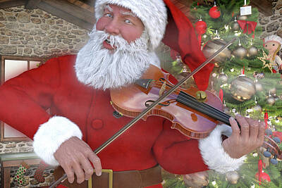 Musicians Digital Art - Holiday Santa Playing Violin Custom by Betsy Knapp