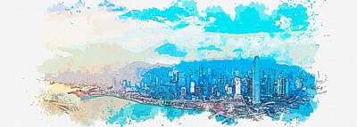 Cities Paintings - Hong Kong Island watercolor by Ahmet Asar by Celestial Images