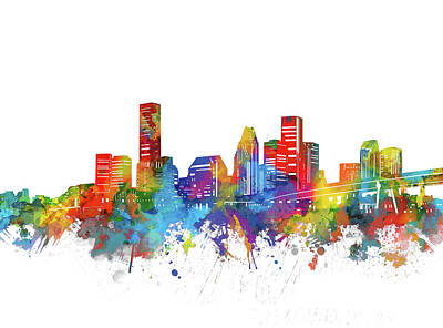 Abstract Skyline Digital Art - Houston City Skyline Watercolor by Bekim M