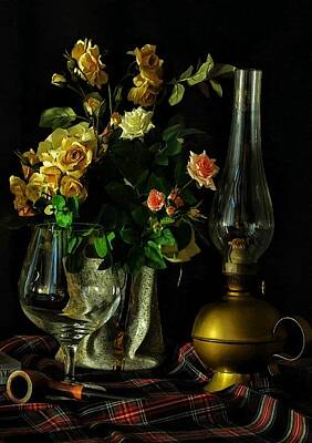 Portraits Digital Art - Hyper-Realistic Concept Still Life With Rose Bouquet - Oil Lamp And More P B  by Gert J Rheeders