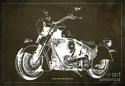 Animals Drawings - INDIAN CHIEF DARK HORSE, 2012 Original Blueprint Brown Background by Drawspots Illustrations