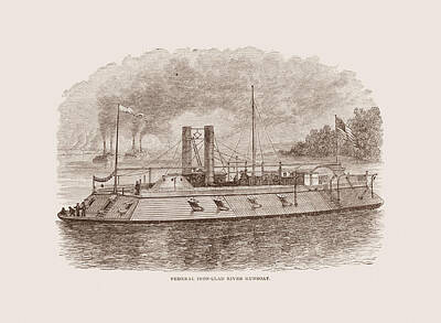 City Scenes Drawings - Ironclad River Gunboat Engraving - Union Civil War by War Is Hell Store