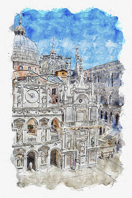 Fashion Paintings Rights Managed Images - Italy #watercolor #sketch #italy #church Royalty-Free Image by TintoDesigns