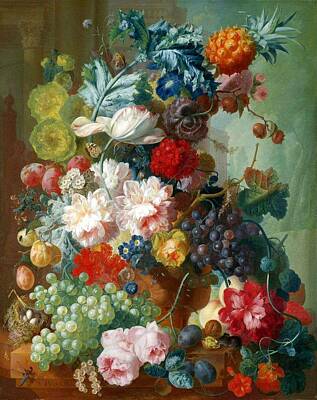 Roses Paintings - Jan van Os - Fruit and Flowers in a Terracotta Vase by Jan van Os