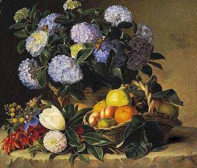 The Dream Cat - Johan Laurentz Jensen 1800-1856 , still life, flowers, fruits by Johan Laurentz Jensen