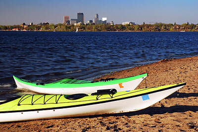 Vintage Diner Rights Managed Images - Kayaks at the Lakeshore Royalty-Free Image by James Kirkikis