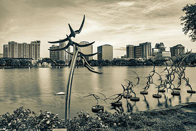 Royalty-Free and Rights-Managed Images - Lake Eola Park Orlando Skyline Sunset in Sepia by Gregory Ballos