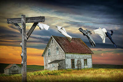 Randall Nyhof Royalty-Free and Rights-Managed Images - Laundry on the Line by Boarded Up House by Randall Nyhof