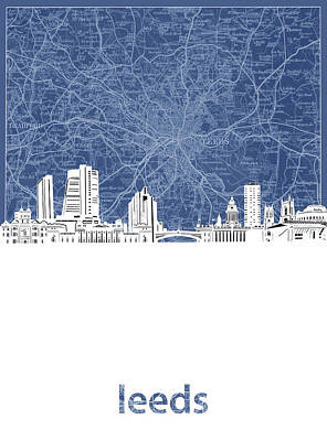 City Scenes Digital Art - Leeds Skyline Map Blue by Bekim M