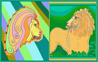 Animals Drawings - Lion Pair cool by Julia Woodman