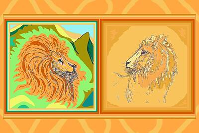 Animals Drawings - Lion Pair warm by Julia Woodman