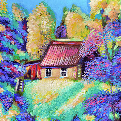 Achieving - Lodge in the forest. Original oil painting. Autumn Landscape by Natalia Shcherbakova