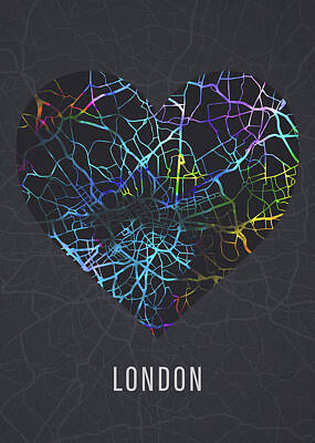 Cities Mixed Media - London England City Heart Street Map Dark by Design Turnpike