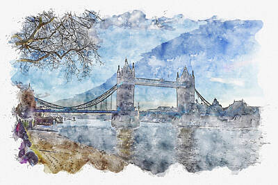 City Scenes Digital Art - London #watercolor #sketch #london #bridge by TintoDesigns