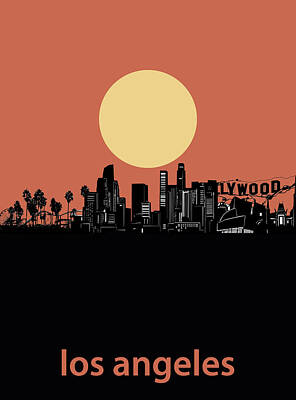 Skylines Royalty-Free and Rights-Managed Images - Los Angeles Skyline Minimalism Red by Bekim M