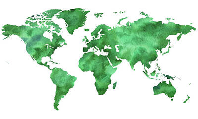 Billiard Balls - Making World Green Watercolor Map by Irina Sztukowski