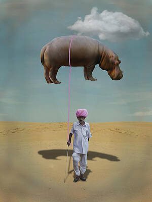 Reptiles Digital Art - Man with flying hippopotamus in desert by Keshava Shukla