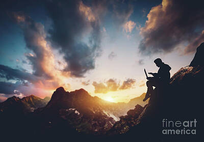 Movie Tees - Man with laptop sitting in the mountains. by Michal Bednarek