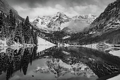 Landscapes Royalty-Free and Rights-Managed Images - Maroon Bells Mountain Art - Aspen Colorado BW Landscape by Gregory Ballos