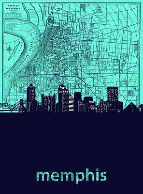 Rock And Roll Royalty-Free and Rights-Managed Images - Memphis Skyline Map Green by Bekim M