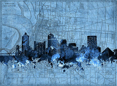 Rock And Roll Digital Art - Memphis Skyline Vintage Blue by Bekim M