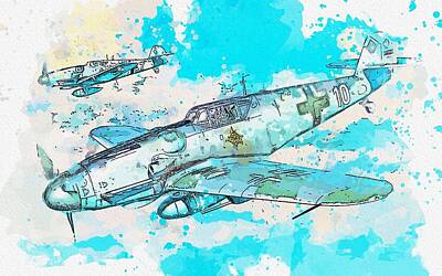 Transportation Paintings - Messerschmitt Bf 109 WWII German Fighter Jet 2 watercolor by Ahmet Asar by Celestial Images